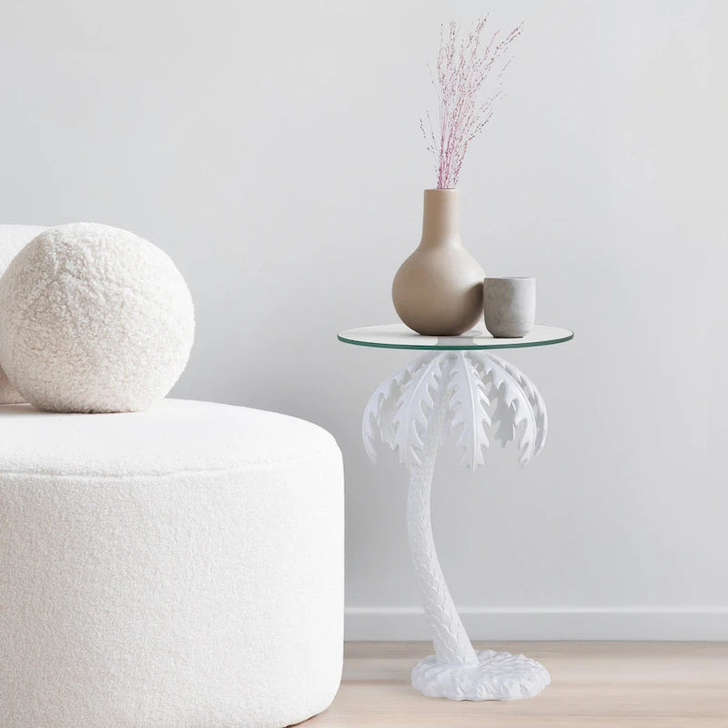 Table d'appoint Hedda 24.75, style palmier vintage en métal avec plateau en verre, blanc, par JONATHAN Y