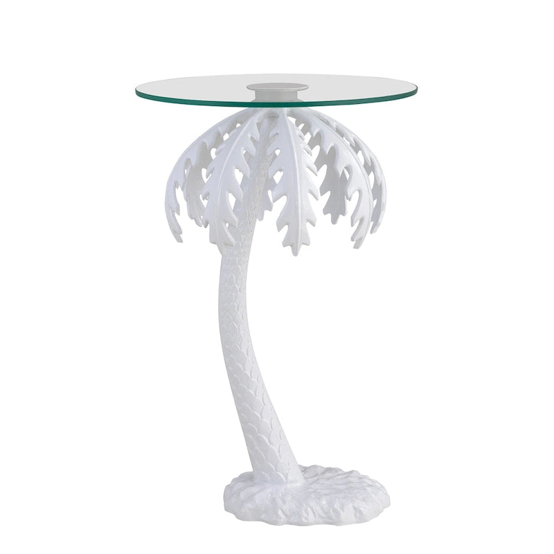 Table d'appoint Hedda 24.75, style palmier vintage en métal avec plateau en verre, blanc, par JONATHAN Y