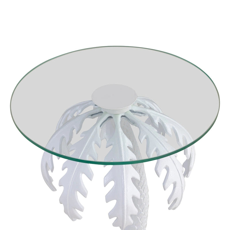 Table d'appoint Hedda 24.75, style palmier vintage en métal avec plateau en verre, blanc, par JONATHAN Y