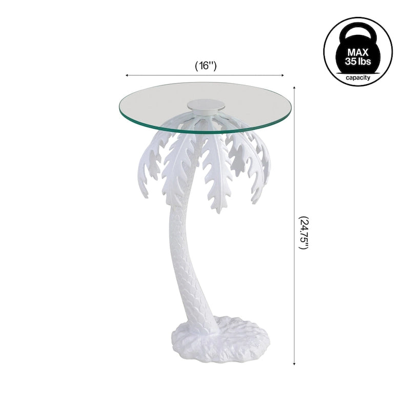 Table d'appoint Hedda 24.75, style palmier vintage en métal avec plateau en verre, blanc, par JONATHAN Y
