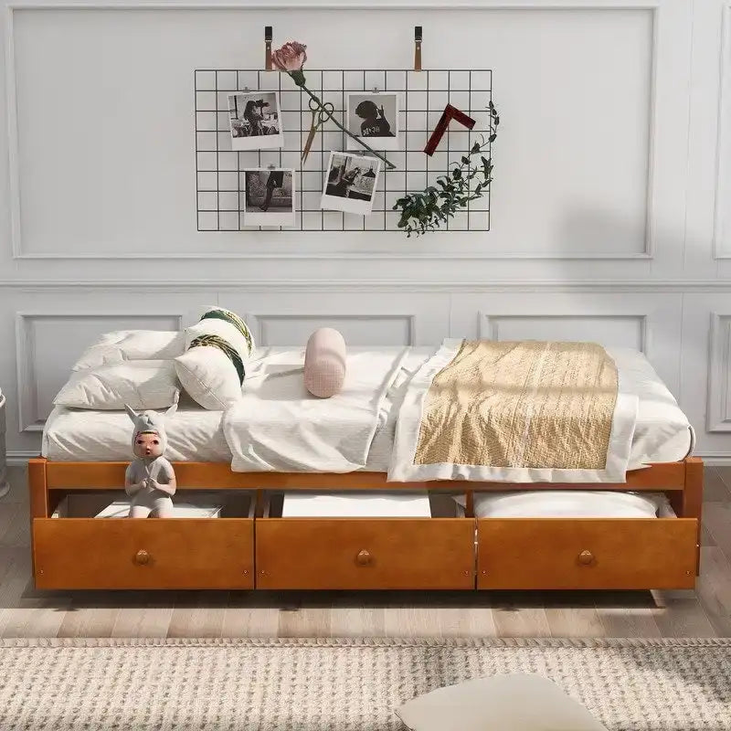Twin Size Wooden Platform Bed with 3 Drawers