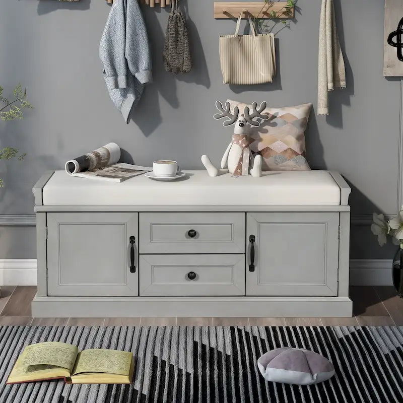 Banc de rangement moderne avec 2 tiroirs de rangement et 2 portes d'armoire, coussin amovible pour entrée et salon