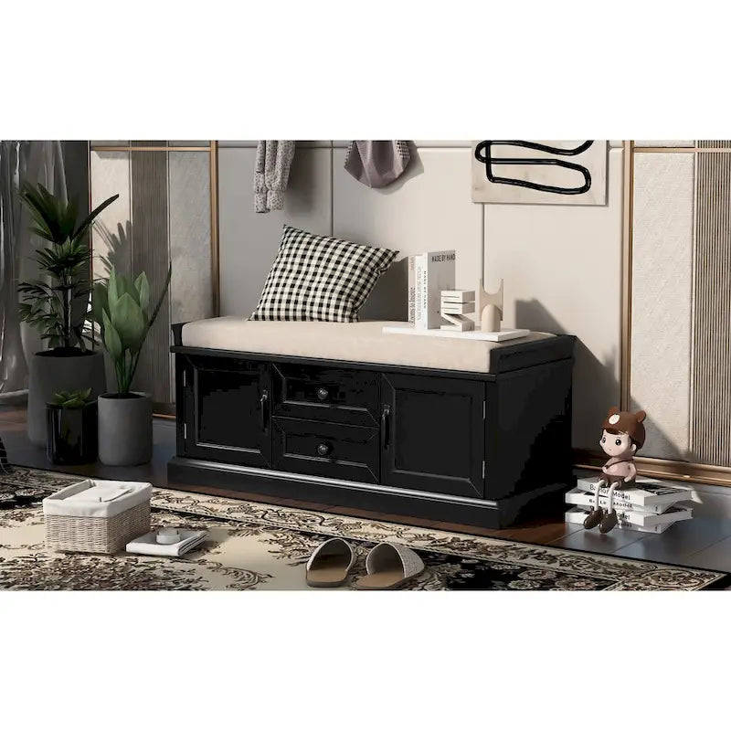 Banc de rangement moderne avec 2 tiroirs de rangement et 2 portes d'armoire, coussin amovible pour entrée et salon