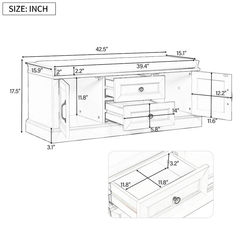 Banc de rangement moderne avec 2 tiroirs de rangement et 2 portes d'armoire, coussin amovible pour entrée et salon