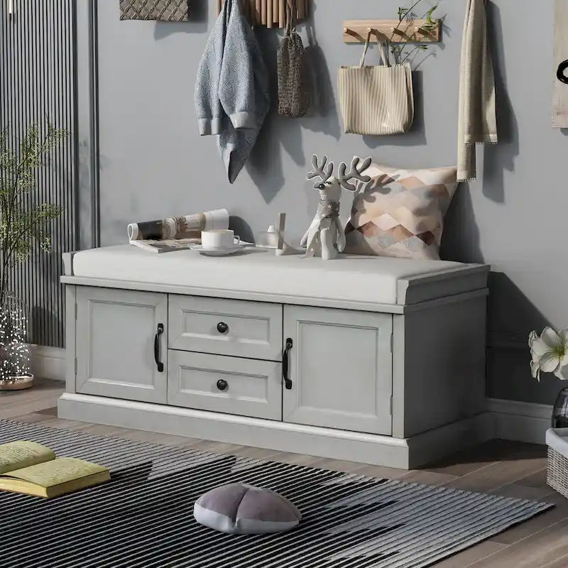 Banc de rangement moderne avec 2 tiroirs de rangement et 2 portes d'armoire, coussin amovible pour entrée et salon