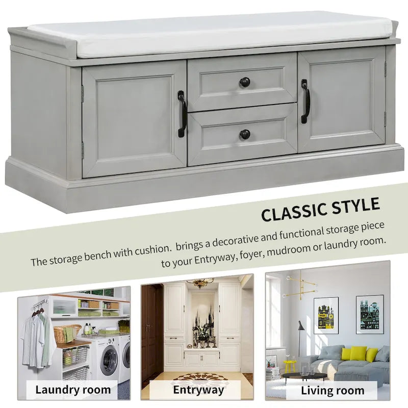 Banc de rangement moderne avec 2 tiroirs de rangement et 2 portes d'armoire, coussin amovible pour entrée et salon