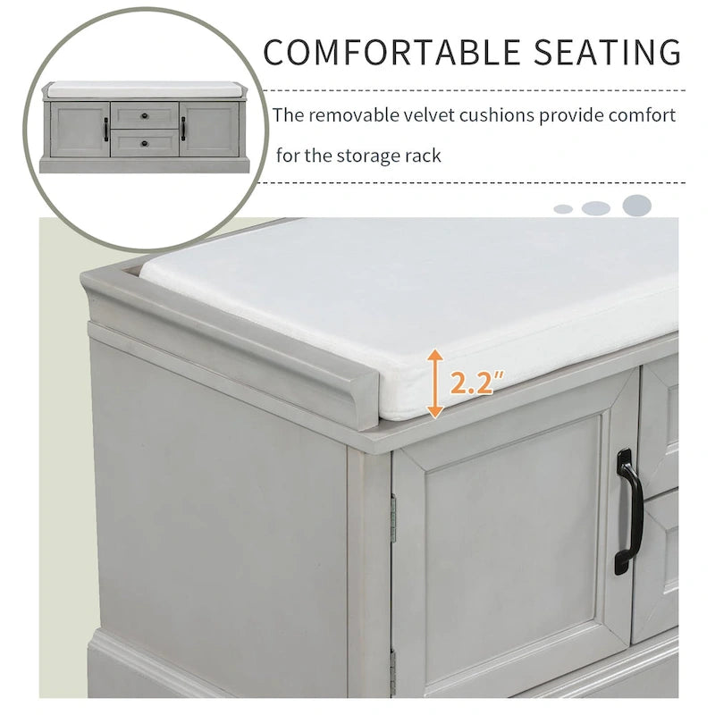 Banc de rangement moderne avec 2 tiroirs de rangement et 2 portes d'armoire, coussin amovible pour entrée et salon