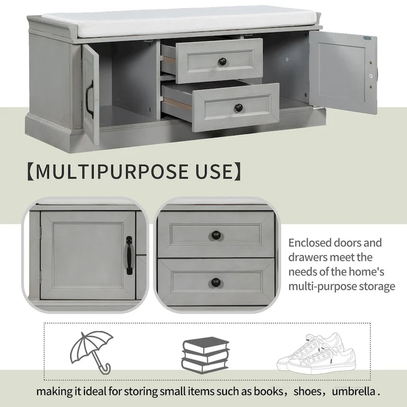 Banc de rangement moderne avec 2 tiroirs de rangement et 2 portes d'armoire, coussin amovible pour entrée et salon