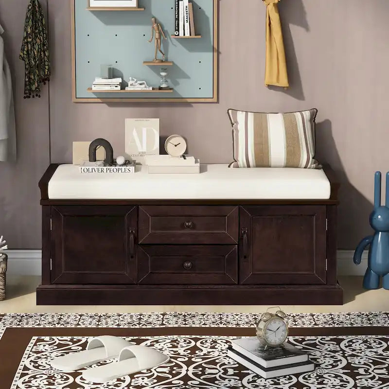 Banc de rangement moderne avec 2 tiroirs de rangement et 2 portes d'armoire, coussin amovible pour entrée et salon