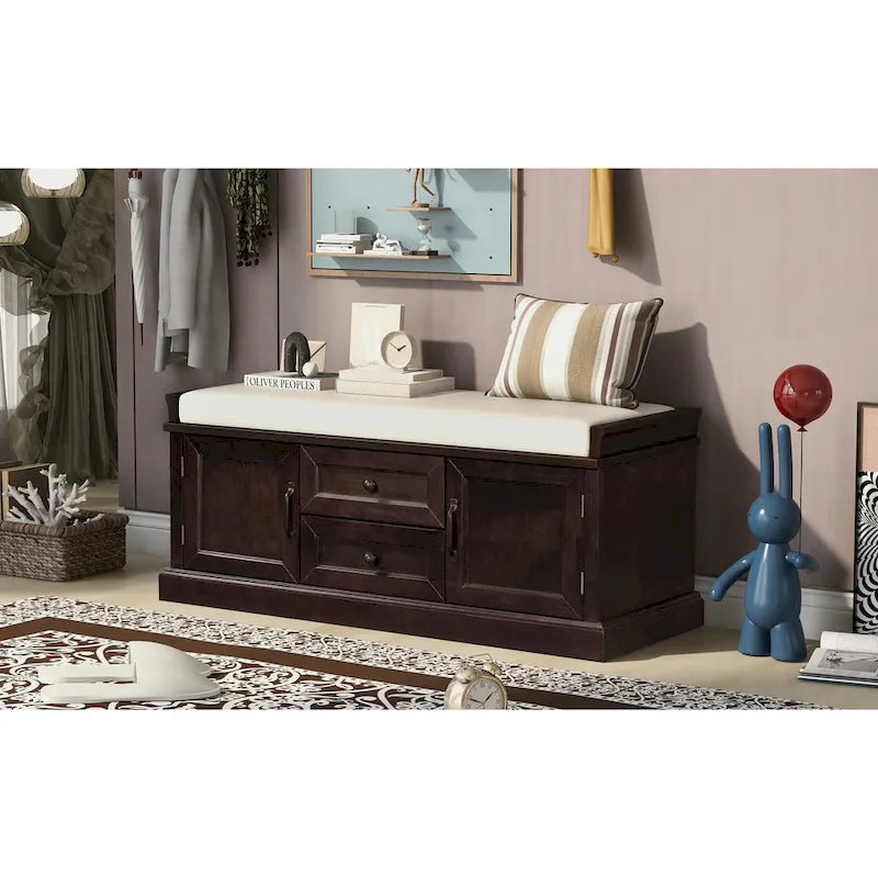 Banc de rangement moderne avec 2 tiroirs de rangement et 2 portes d'armoire, coussin amovible pour entrée et salon
