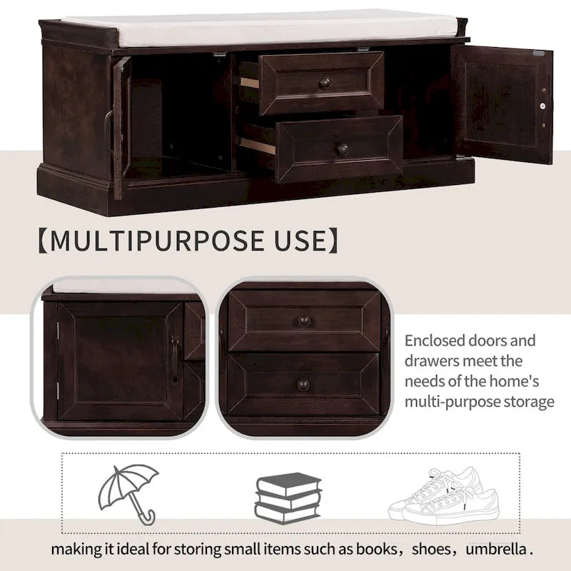 Banc de rangement moderne avec 2 tiroirs de rangement et 2 portes d'armoire, coussin amovible pour entrée et salon