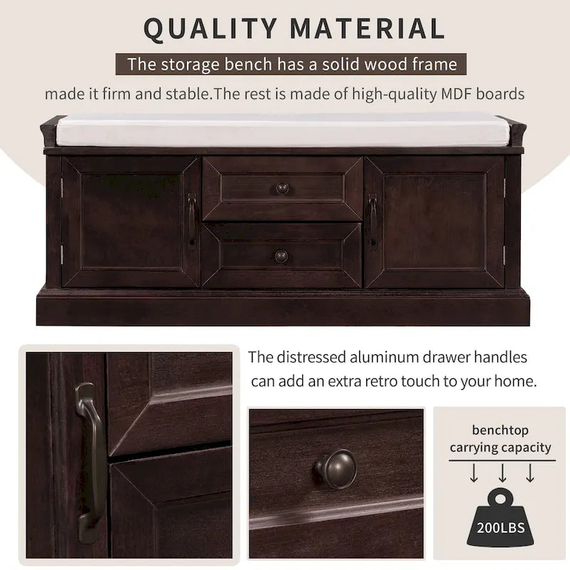 Banc de rangement moderne avec 2 tiroirs de rangement et 2 portes d'armoire, coussin amovible pour entrée et salon