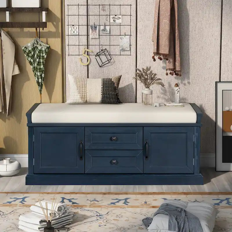 Banc de rangement moderne avec 2 tiroirs de rangement et 2 portes d'armoire, coussin amovible pour entrée et salon