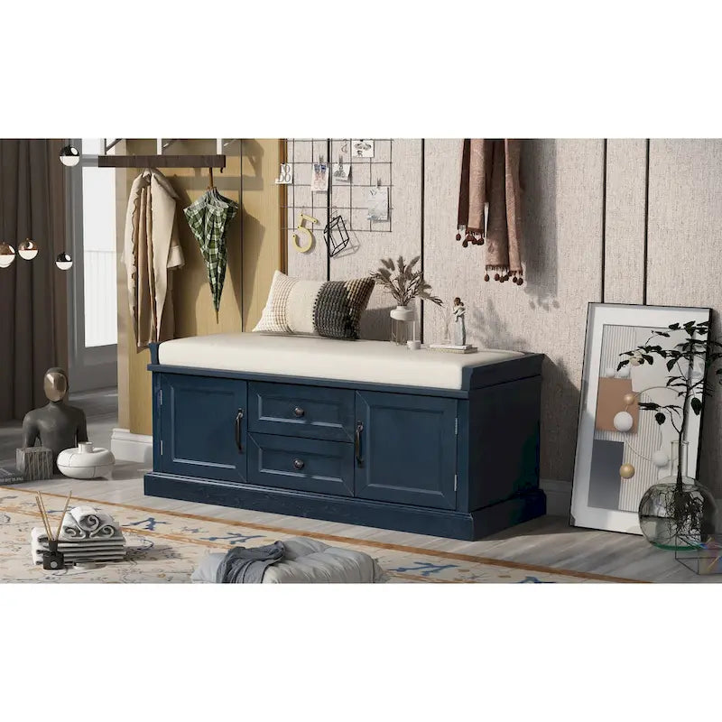 Banc de rangement moderne avec 2 tiroirs de rangement et 2 portes d'armoire, coussin amovible pour entrée et salon