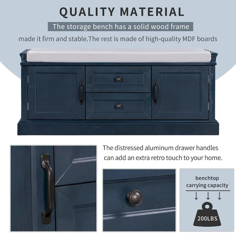 Banc de rangement moderne avec 2 tiroirs de rangement et 2 portes d'armoire, coussin amovible pour entrée et salon