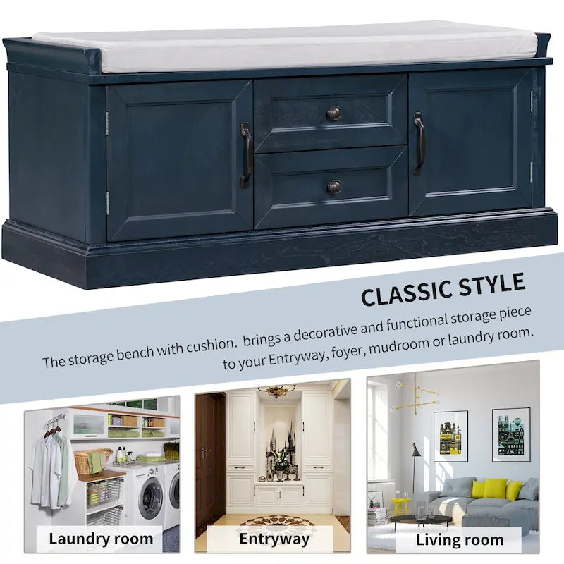 Banc de rangement moderne avec 2 tiroirs de rangement et 2 portes d'armoire, coussin amovible pour entrée et salon