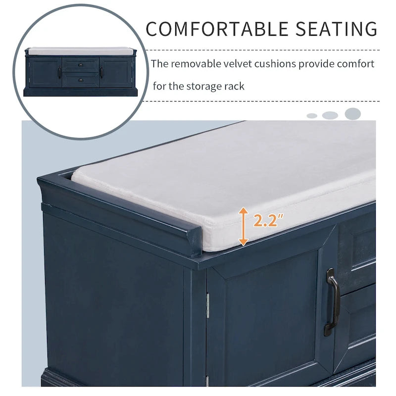 Banc de rangement moderne avec 2 tiroirs de rangement et 2 portes d'armoire, coussin amovible pour entrée et salon