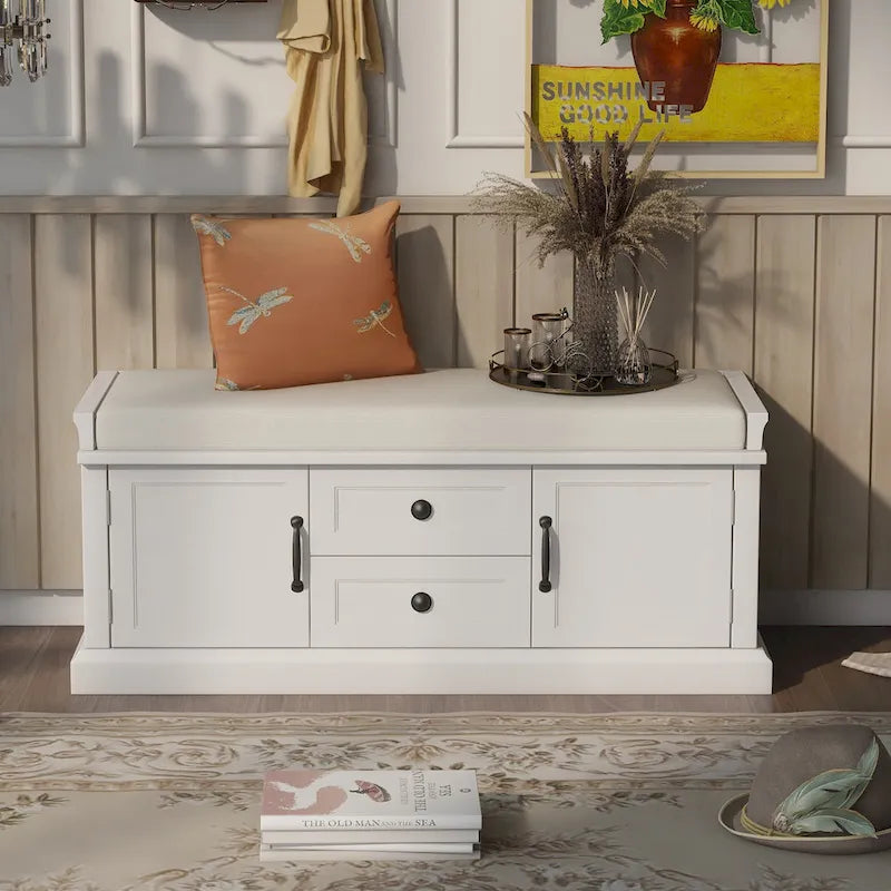 Banc de rangement moderne avec 2 tiroirs de rangement et 2 portes d'armoire, coussin amovible pour entrée et salon
