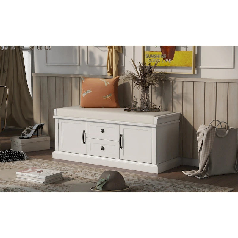 Banc de rangement moderne avec 2 tiroirs de rangement et 2 portes d'armoire, coussin amovible pour entrée et salon