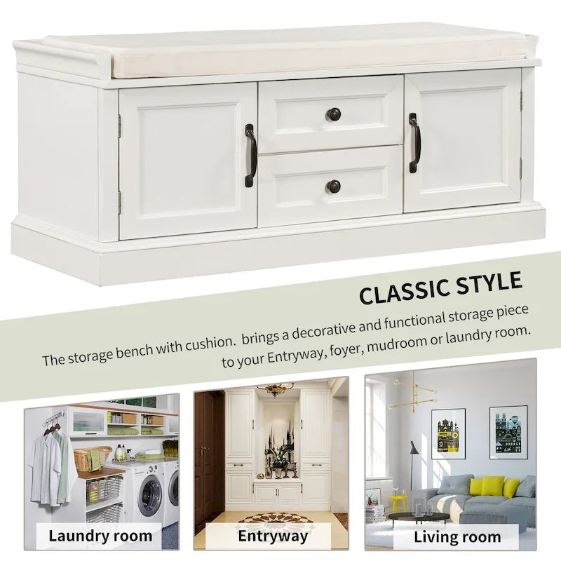 Banc de rangement moderne avec 2 tiroirs de rangement et 2 portes d'armoire, coussin amovible pour entrée et salon