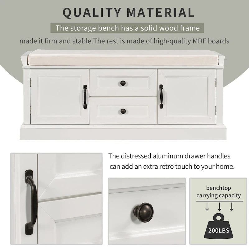 Banc de rangement moderne avec 2 tiroirs de rangement et 2 portes d'armoire, coussin amovible pour entrée et salon