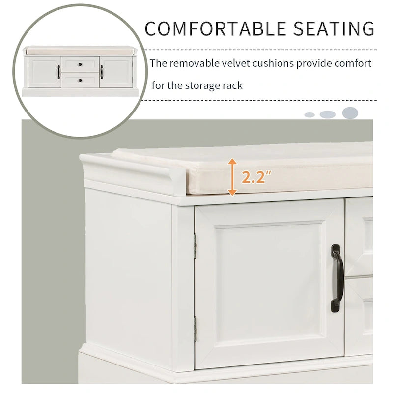 Banc de rangement moderne avec 2 tiroirs de rangement et 2 portes d'armoire, coussin amovible pour entrée et salon
