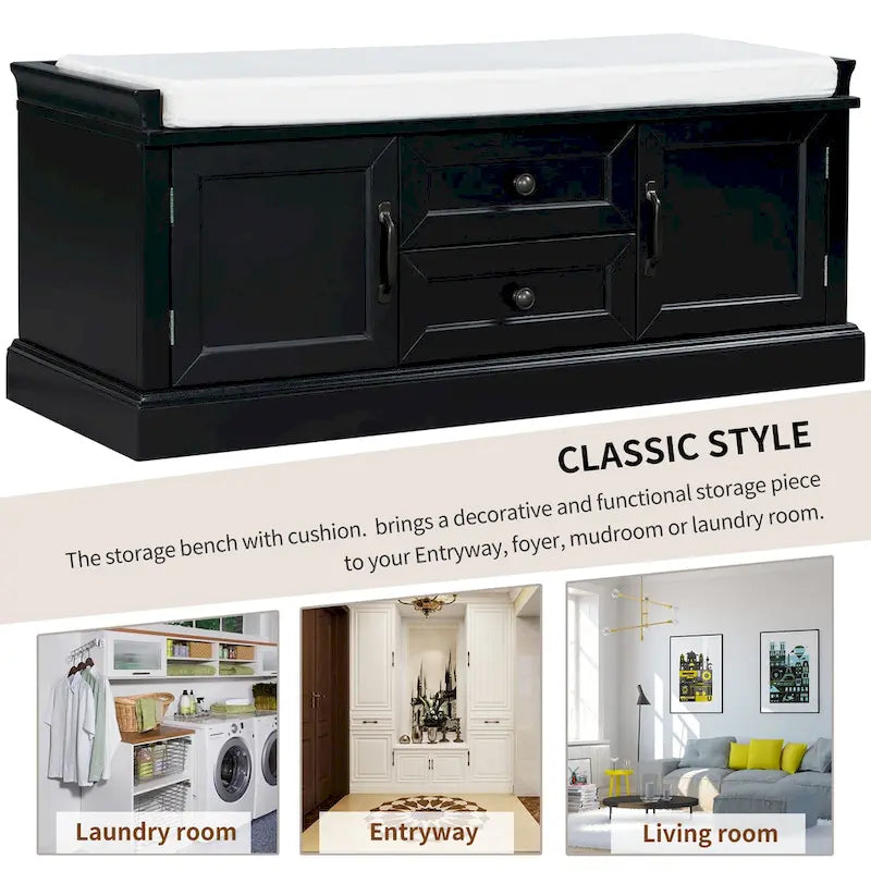 Banc de rangement moderne avec 2 tiroirs de rangement et 2 portes d'armoire, coussin amovible pour entrée et salon