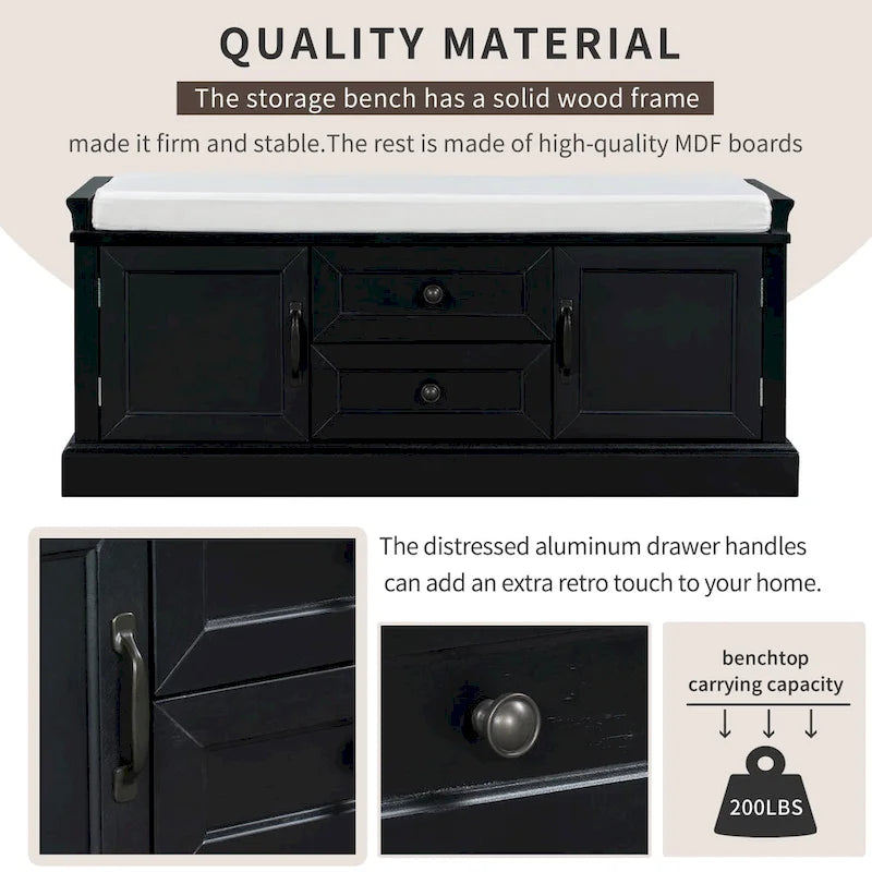 Banc de rangement moderne avec 2 tiroirs de rangement et 2 portes d'armoire, coussin amovible pour entrée et salon