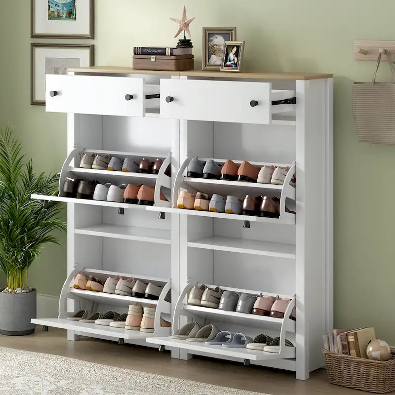 Slim Tipping Bucket Shoe Cabinet Set with 4 Flip Drawers, Wood Grain Pattern Top Shoe Storage Solution with Adjustable Panel