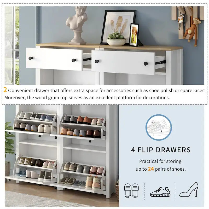 Slim Tipping Bucket Shoe Cabinet Set with 4 Flip Drawers, Wood Grain Pattern Top Shoe Storage Solution with Adjustable Panel