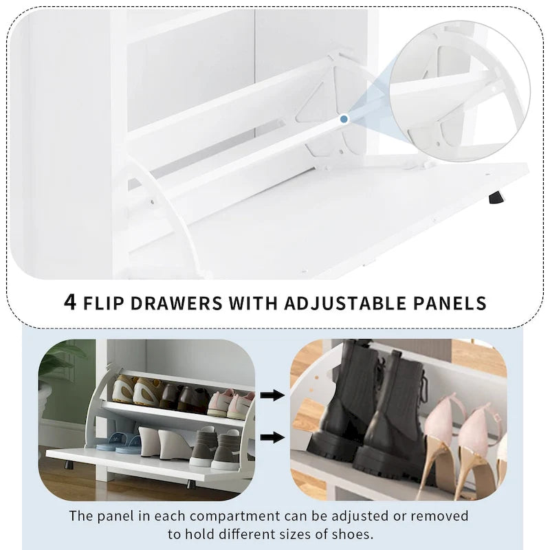 Slim Tipping Bucket Shoe Cabinet Set with 4 Flip Drawers, Wood Grain Pattern Top Shoe Storage Solution with Adjustable Panel