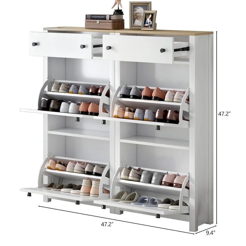 Slim Tipping Bucket Shoe Cabinet Set with 4 Flip Drawers, Wood Grain Pattern Top Shoe Storage Solution with Adjustable Panel