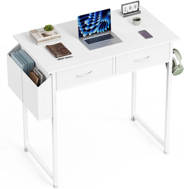 Modern Writing Office Desk with Built in 2 Drawer and Headphone Hook for Small Home Offices and Bedrooms