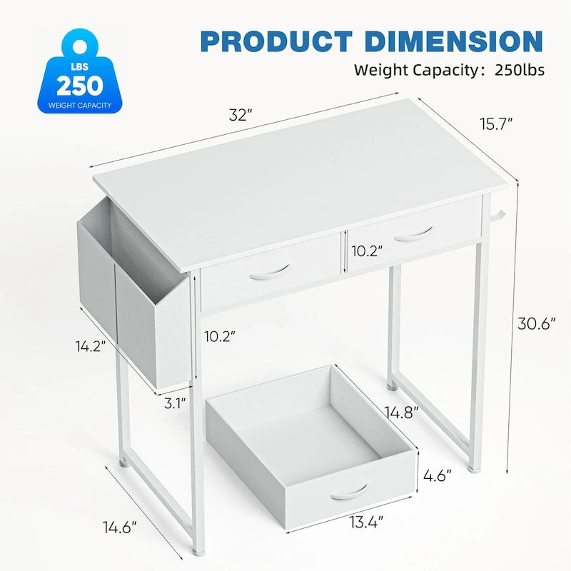Modern Writing Office Desk with Built in 2 Drawer and Headphone Hook for Small Home Offices and Bedrooms