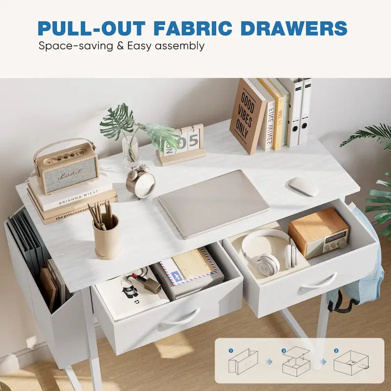 Modern Writing Office Desk with Built in 2 Drawer and Headphone Hook for Small Home Offices and Bedrooms