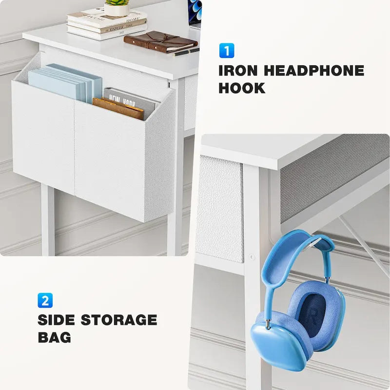 Modern Writing Office Desk with Built in 2 Drawer and Headphone Hook for Small Home Offices and Bedrooms