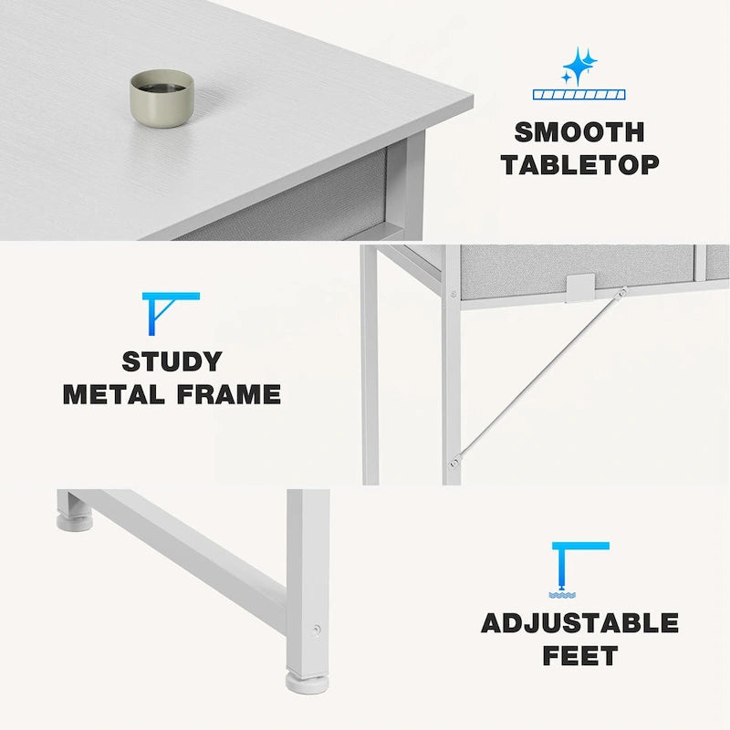 Modern Writing Office Desk with Built in 2 Drawer and Headphone Hook for Small Home Offices and Bedrooms