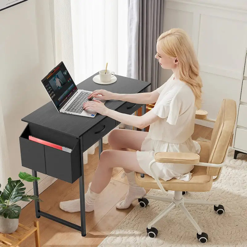 Modern Writing Office Desk with Built in 2 Drawer and Headphone Hook for Small Home Offices and Bedrooms