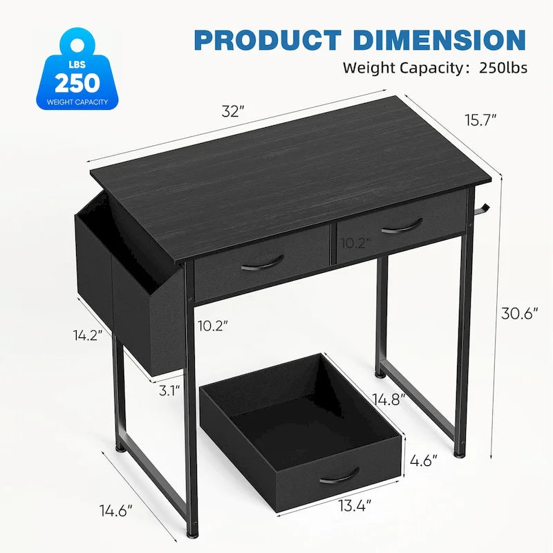 Modern Writing Office Desk with Built in 2 Drawer and Headphone Hook for Small Home Offices and Bedrooms