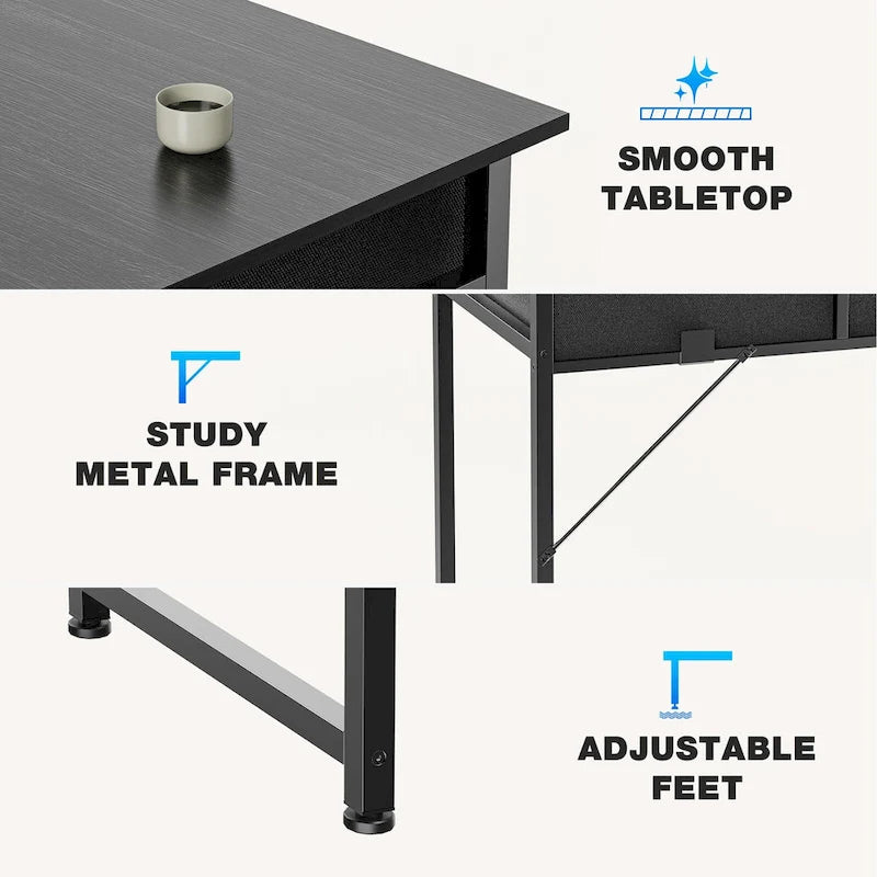 Modern Writing Office Desk with Built in 2 Drawer and Headphone Hook for Small Home Offices and Bedrooms