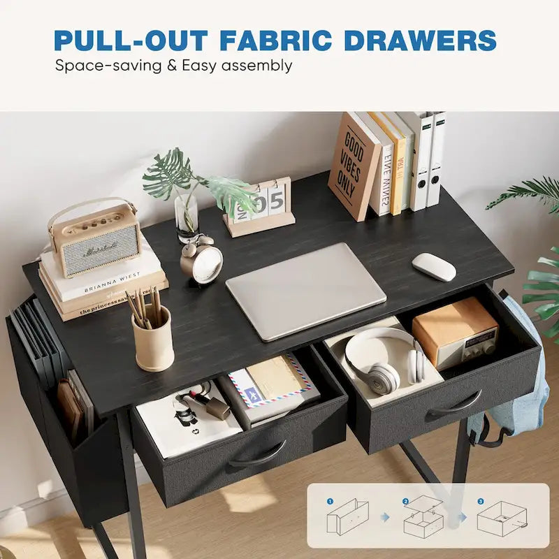 Modern Writing Office Desk with Built in 2 Drawer and Headphone Hook for Small Home Offices and Bedrooms