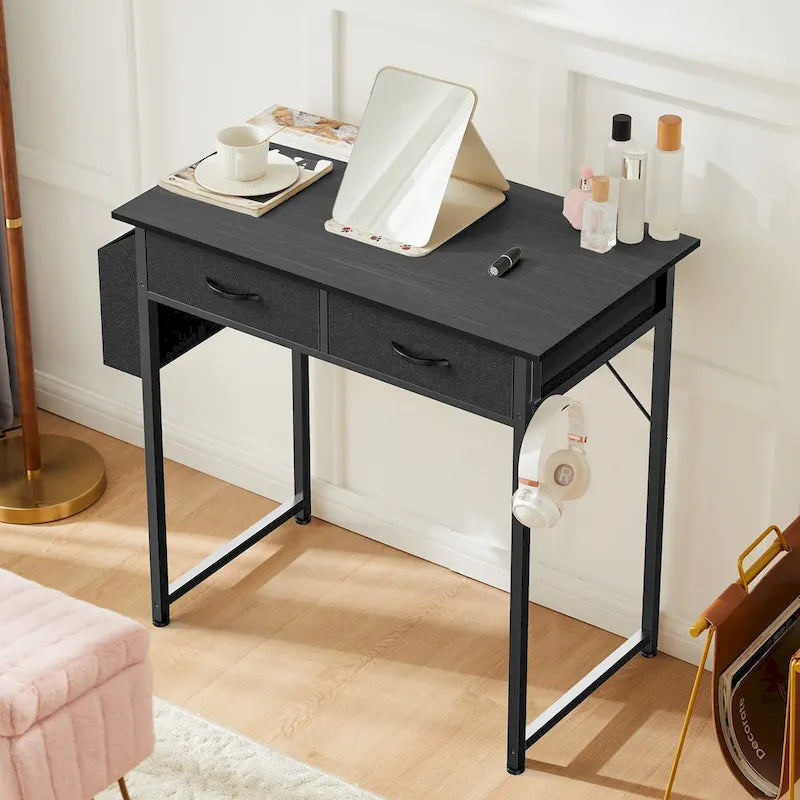 Modern Writing Office Desk with Built in 2 Drawer and Headphone Hook for Small Home Offices and Bedrooms