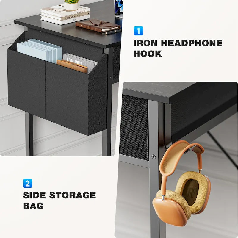 Modern Writing Office Desk with Built in 2 Drawer and Headphone Hook for Small Home Offices and Bedrooms