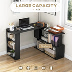 Bureau d'ordinateur moderne en L avec support rotatif à 360° et étagères intégrées pour bureau à domicile ou chambre à coucher