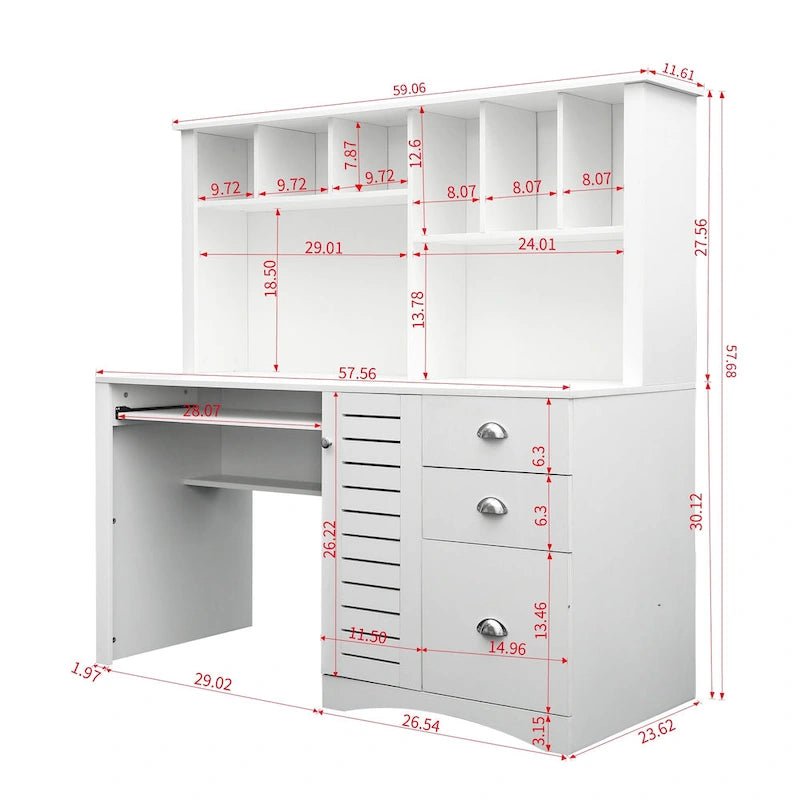 Modern Computer Desk with Hutch and 2 Tier Shelves and Drawers and Concealed Cabinet for Study and Bedroom or Living Room