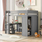 Lit mezzanine double en bois avec armoires et bureau 2 tiroirs avec armoire de rangement