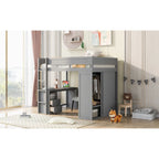 Lit mezzanine double en bois avec armoires et bureau 2 tiroirs avec armoire de rangement