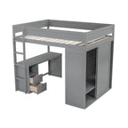 Lit mezzanine double en bois avec armoires et bureau 2 tiroirs avec armoire de rangement
