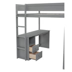 Lit mezzanine double en bois avec armoires et bureau 2 tiroirs avec armoire de rangement