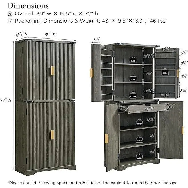 Armoire de rangement moderne de 183 cm de hauteur avec 4 portes et cannelures